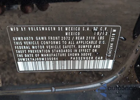 2013 Volkswagen Jetta 2.0L S из США, поврежденный, VIN 3VW2K7AJ0DM235064